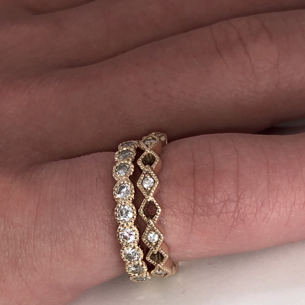 TWO Solid 14K Yellow Gold Natural Diamond Designer Band Rings Stackable Stack